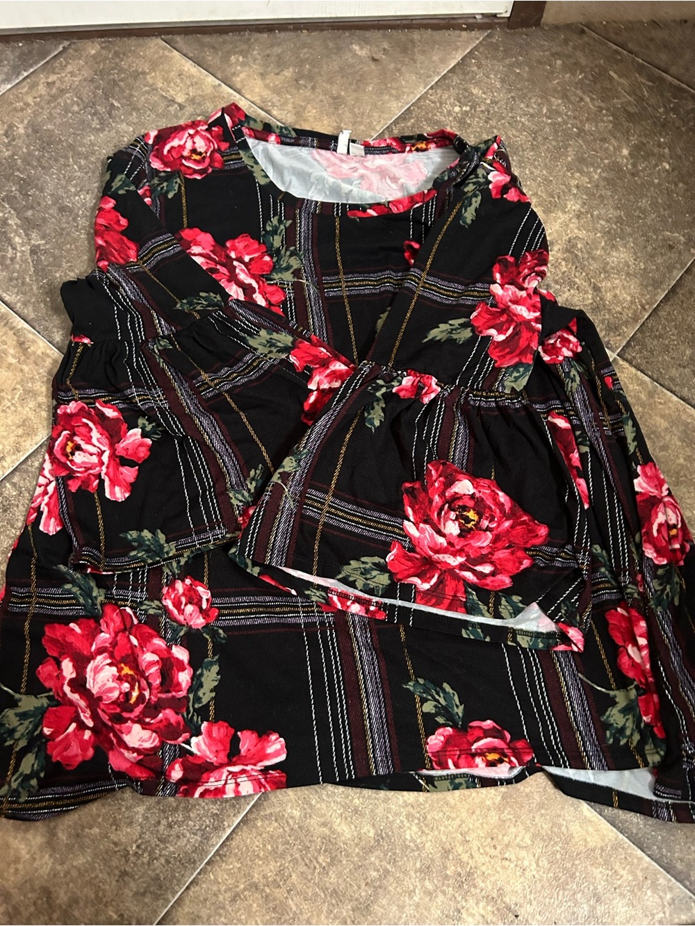 Cato Black Floral Bell-Sleeve Top with Red Rose Print